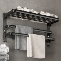 Towel Racks for Bathroom, 24-Inch Towel Shelf with Towel Bar Foldable Towel Holder with 7 Hooks Towel Storage Organizer for Bathroom & Lavatory Wall M