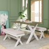 3 Pieces Farmhouse Rustic Wood Kitchen Dining Table Set with 2 Upholstered Benches, Gray Green+White+Beige