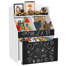 Modern Kids Bookshelf with Drawer, Toy Storage Organizer with Rolling Bin, Toy Chest for Playroom Nursery Bedroom, White