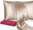 1PC Champagne Queen Size 20"x30" Lacette Silk Pillowcase for Hair and Skin, 22 Momme 6A Soft Silk Pillow Case with Hidden Zipper, Gift Box, 600 Thread