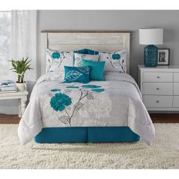 7-Piece Teal Roses Comforter Set;  Full/Queen;  With Embroidered Applique Detail