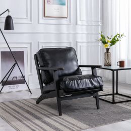 solid wood black antique painting removable cushion arm chair; mid-century PU leather accent chair