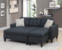 Reversible 3pc Sectional Sofa Set Black Tufted Polyfiber Wood Legs Chaise Sofa Ottoman Pillows Cushion Couch