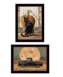 "Harvest Moon with A Black Cat & Truck" 2-Piece Vignette by Bonnie Mohr; Ready to Hang Framed Print; Black Frame