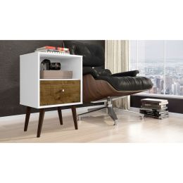 Manhattan Comfort Liberty Mid-Century Modern Nightstand 1.0 with 1 Cubby Space and 1 Drawer in White and Rustic Brown with Solid Wood Legs