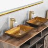 22.25" L -14.25" W -4 1/2" H Glass Rectangular Vessel Bathroom Sink in Gold Set with gold Faucet and gold Pop Up Drain