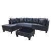 Three Piece sofa with three-seat sofa, one  Left chaise lounge, one  storage ottoman, seven  back cushions two  throw pillows (BLACK PU)