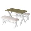 3 Pieces Farmhouse Rustic Wood Kitchen Dining Table Set with 2 Upholstered Benches, Gray Green+White+Beige