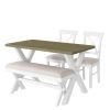 4 Pieces Farmhouse Rustic Wood Kitchen Dining Table Set with Upholstered 2 X-back Chairs and Bench,Gray Green+White+Beige