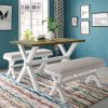 3 Pieces Farmhouse Rustic Wood Kitchen Dining Table Set with 2 Upholstered Benches, Gray Green+White+Beige