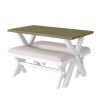 3 Pieces Farmhouse Rustic Wood Kitchen Dining Table Set with 2 Upholstered Benches, Gray Green+White+Beige