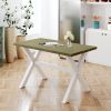 3 Pieces Farmhouse Rustic Wood Kitchen Dining Table Set with 2 Upholstered Benches, Gray Green+White+Beige