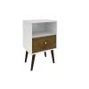 Manhattan Comfort Liberty Mid-Century Modern Nightstand 1.0 with 1 Cubby Space and 1 Drawer in White and Rustic Brown with Solid Wood Legs