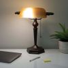 31.5 inch Antique Bronze LED Bankers Lamp with Amber Shade