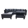 Three Piece sofa with three-seat sofa, one  Left chaise lounge, one  storage ottoman, seven  back cushions two  throw pillows (BLACK PU)