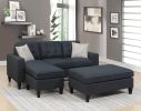 Reversible 3pc Sectional Sofa Set Black Tufted Polyfiber Wood Legs Chaise Sofa Ottoman Pillows Cushion Couch