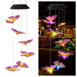 LED Colorful Solar Power Wind Chime Crystal Hummingbird Butterfly Waterproof Outdoor Windchime Solar Light for Garden outdoor (Ships From: China, Emitting Color: 8)