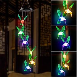 LED Colorful Solar Power Wind Chime Crystal Hummingbird Butterfly Waterproof Outdoor Windchime Solar Light for Garden outdoor (Ships From: China, Emitting Color: 1)
