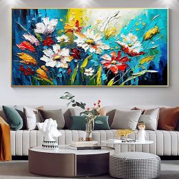 Handmade Oil Painting Canvas Wall Art Decor Original Colorful Blooming Flower painting Abstract Floral Painting for Home Decor (size: 75x150cm)