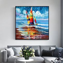 Abstract oil painting Boats Oil Canvas Painting Sea Landscape 100% handmade Wall Art Picture for Living Room Home Decor (size: 60x60cm)