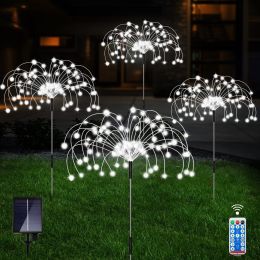 Outdoor Solar Garden Lights;  4 Pack 120 LED Copper Wire Waterproof Solar Garden Fireworks Lamp with Remote;  8 Modes Decorative Sparkles Stake Landsc (Color: Cool White)