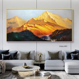 Handmade Gold Mountain Oil Painting on Canvas Original Landscape Painting Winter Snow Scene Murals Custom Painting Home Decor (size: 60x120cm)