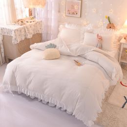Princess Style Girl Brushed Multicolor 4-piece Set Quilt Cover Sheet Pillowcase Spring Autumn Winter Solid Fleece Thick Bedskirt (Color: White, size: 1.5m bed 4-piece set)
