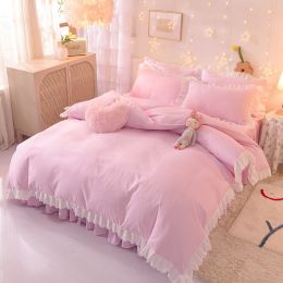 Princess Style Girl Brushed Multicolor 4-piece Set Quilt Cover Sheet Pillowcase Spring Autumn Winter Solid Fleece Thick Bedskirt (Color: pink 2, size: 1.8m bed 4-piece set)