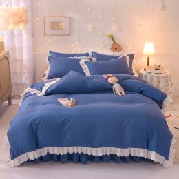 Princess Style Girl Brushed Multicolor 4-piece Set Quilt Cover Sheet Pillowcase Spring Autumn Winter Solid Fleece Thick Bedskirt (Color: dark blue, size: 2m bed 4-piece set)