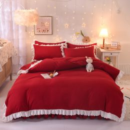 Princess Style Girl Brushed Multicolor 4-piece Set Quilt Cover Sheet Pillowcase Spring Autumn Winter Solid Fleece Thick Bedskirt (Color: wine red, size: 1.5m bed 4-piece set)