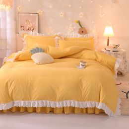 Princess Style Girl Brushed Multicolor 4-piece Set Quilt Cover Sheet Pillowcase Spring Autumn Winter Solid Fleece Thick Bedskirt (Color: yellow, size: 2m bed 4-piece set)