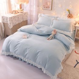 Princess Style Girl Brushed Multicolor 4-piece Set Quilt Cover Sheet Pillowcase Spring Autumn Winter Solid Fleece Thick Bedskirt (Color: sky blue, size: 2m bed 4-piece set)