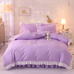 Princess Style Girl Brushed Multicolor 4-piece Set Quilt Cover Sheet Pillowcase Spring Autumn Winter Solid Fleece Thick Bedskirt (Color: fairy purple, size: 1.5m bed 4-piece set)