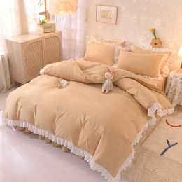 Princess Style Girl Brushed Multicolor 4-piece Set Quilt Cover Sheet Pillowcase Spring Autumn Winter Solid Fleece Thick Bedskirt (Color: beige, size: 2m bed 4-piece set)