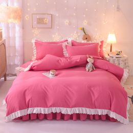 Princess Style Girl Brushed Multicolor 4-piece Set Quilt Cover Sheet Pillowcase Spring Autumn Winter Solid Fleece Thick Bedskirt (Color: Red, size: 1.8m bed 4-piece set)