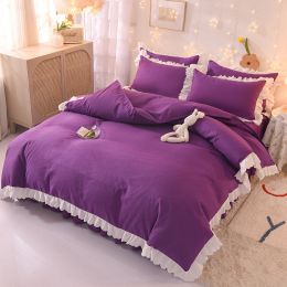 Princess Style Girl Brushed Multicolor 4-piece Set Quilt Cover Sheet Pillowcase Spring Autumn Winter Solid Fleece Thick Bedskirt (Color: deep purple, size: 2m bed 4-piece set)