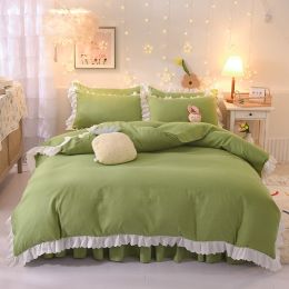 Princess Style Girl Brushed Multicolor 4-piece Set Quilt Cover Sheet Pillowcase Spring Autumn Winter Solid Fleece Thick Bedskirt (Color: Green, size: 1.5m bed 4-piece set)