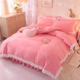 Princess Style Girl Brushed Multicolor 4-piece Set Quilt Cover Sheet Pillowcase Spring Autumn Winter Solid Fleece Thick Bedskirt (Color: pink, size: 2m bed 4-piece set)