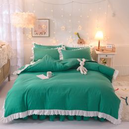 Princess Style Girl Brushed Multicolor 4-piece Set Quilt Cover Sheet Pillowcase Spring Autumn Winter Solid Fleece Thick Bedskirt (Color: dark green, size: 1.8m bed 4-piece set)