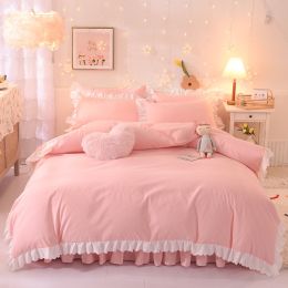 Princess Style Girl Brushed Multicolor 4-piece Set Quilt Cover Sheet Pillowcase Spring Autumn Winter Solid Fleece Thick Bedskirt (Color: pink 3, size: 1.5m bed 4-piece set)