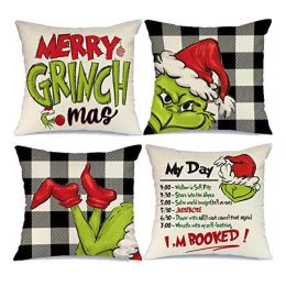 18x18 In Of For Christmas Decorations Green Buffalo Plaid Grinch Christmas Pillow Covers (Type: 12)