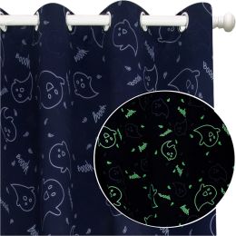 Muwago Ghost Demon Dark Blue Blackout Curtains Luminous Glow in The Dark Themed Grommet Thermal Insulated Curtains Bedroom and Living Room Window Trea (size: 52 * 72 inch)