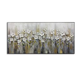 Handmade Gold Foil Abstract Oil Painting  Wall Art Modern Minimalist White Flowers Canvas Home Decorative For Living Room No Frame (size: 50x100cm)