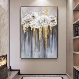 Foil golden flowers hand painted oil painting on canvas abstract large painting wall picture for home office decor (size: 100x150cm)