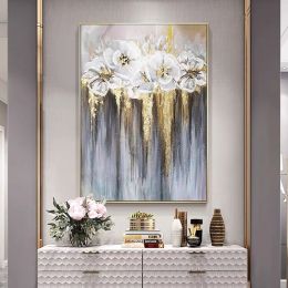 Foil golden flowers hand painted oil painting on canvas abstract large painting wall picture for home office decor (size: 50x70cm)