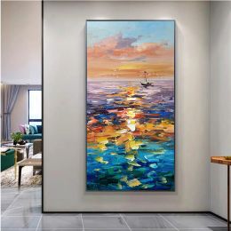 Handmade Landscape Lake Sky Oil Painting On Canvas Abstract Gold Art Wall Picture Modern Home Decoration For Living Room (size: 50x100cm)