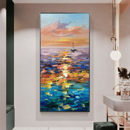 Handmade Landscape Lake Sky Oil Painting On Canvas Abstract Gold Art Wall Picture Modern Home Decoration For Living Room (size: 75x150cm)