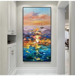 Handmade Landscape Lake Sky Oil Painting On Canvas Abstract Gold Art Wall Picture Modern Home Decoration For Living Room (size: 70x140cm)