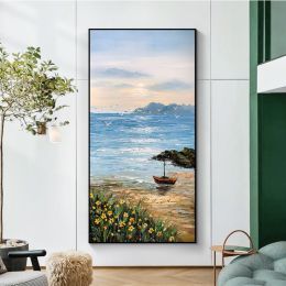 Interior Decor Wall Poster Sunrise Natural Scenery Handmade Canvas Oil Painting Hanging Picture For parlour bedroom hotel office (size: 75x150cm)