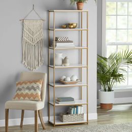 6' Tall 6-Tier Metal Framed Bookcase; Rustic Brown; White (Color: White)